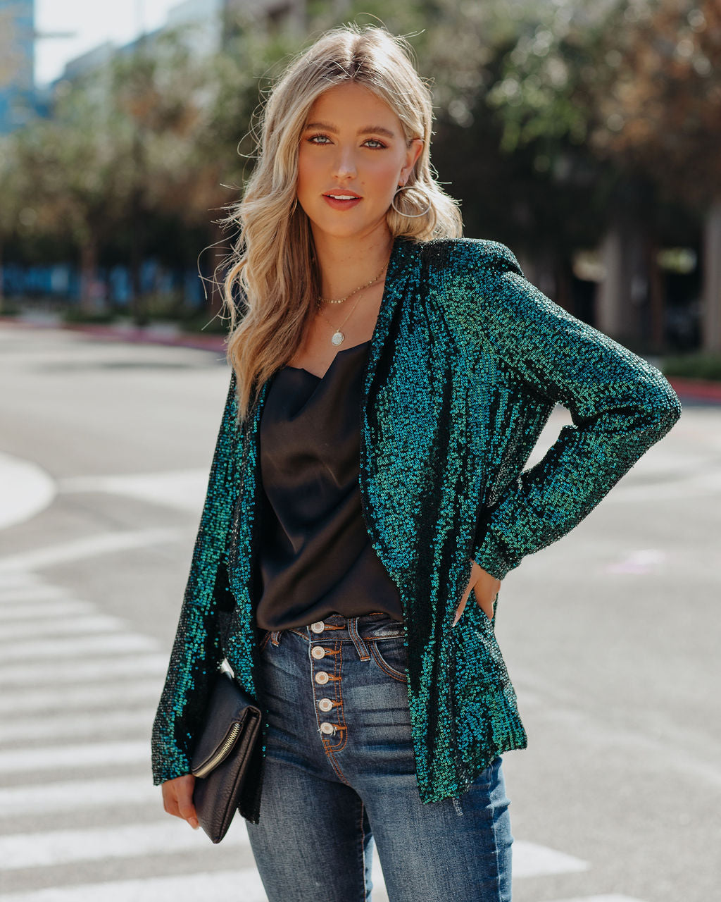 Festive Flair Pocketed Sequin Blazer - Teal