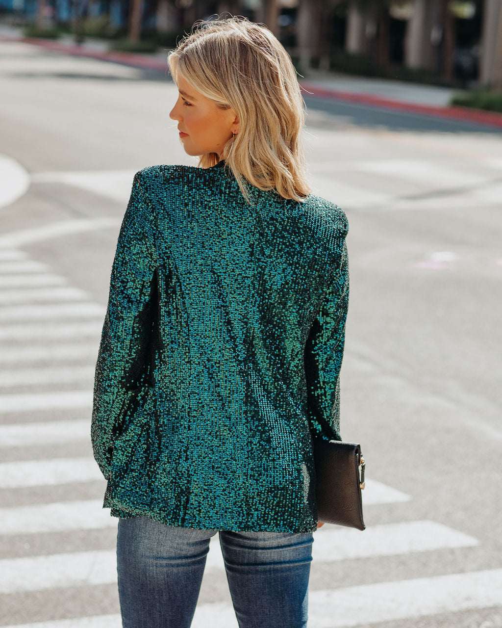 Festive Flair Pocketed Sequin Blazer - Teal