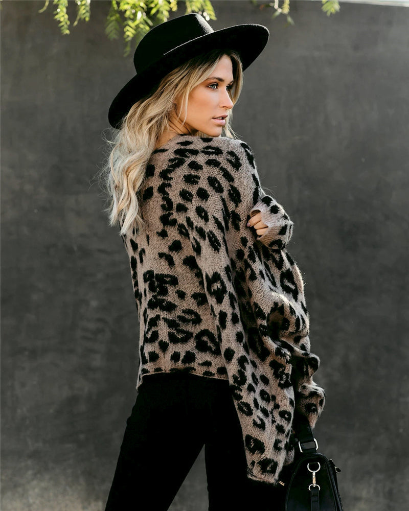 Pockets Leopard Winter Coat Long Cardigan Knitwear