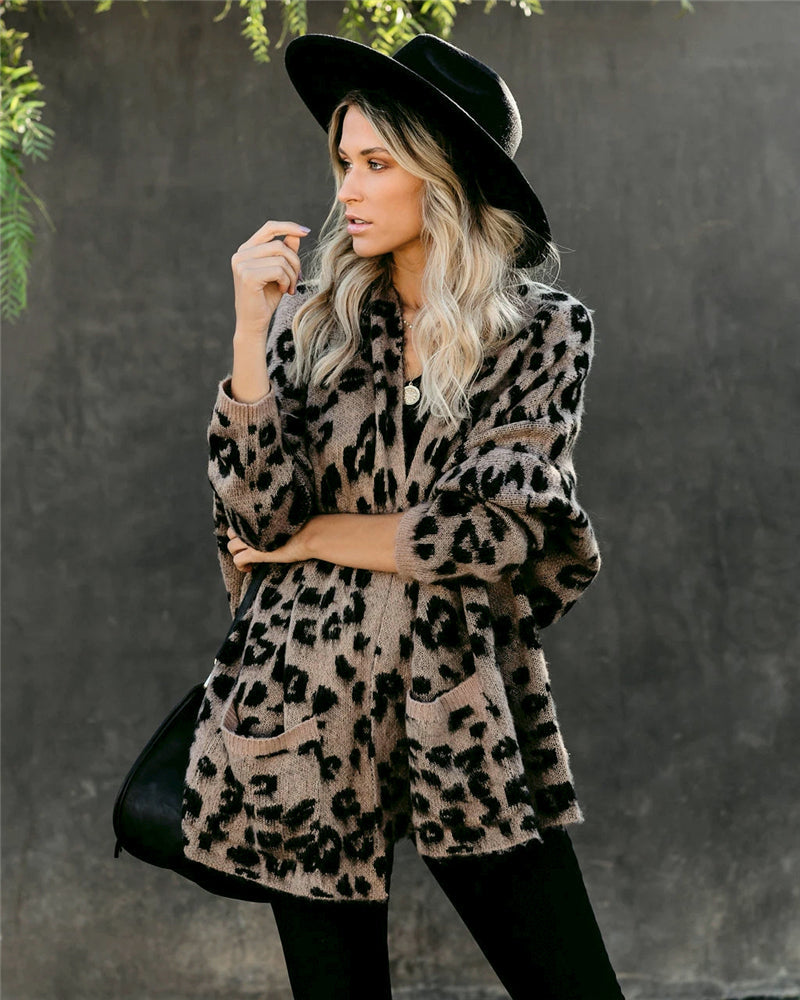 Pockets Leopard Winter Coat Long Cardigan Knitwear