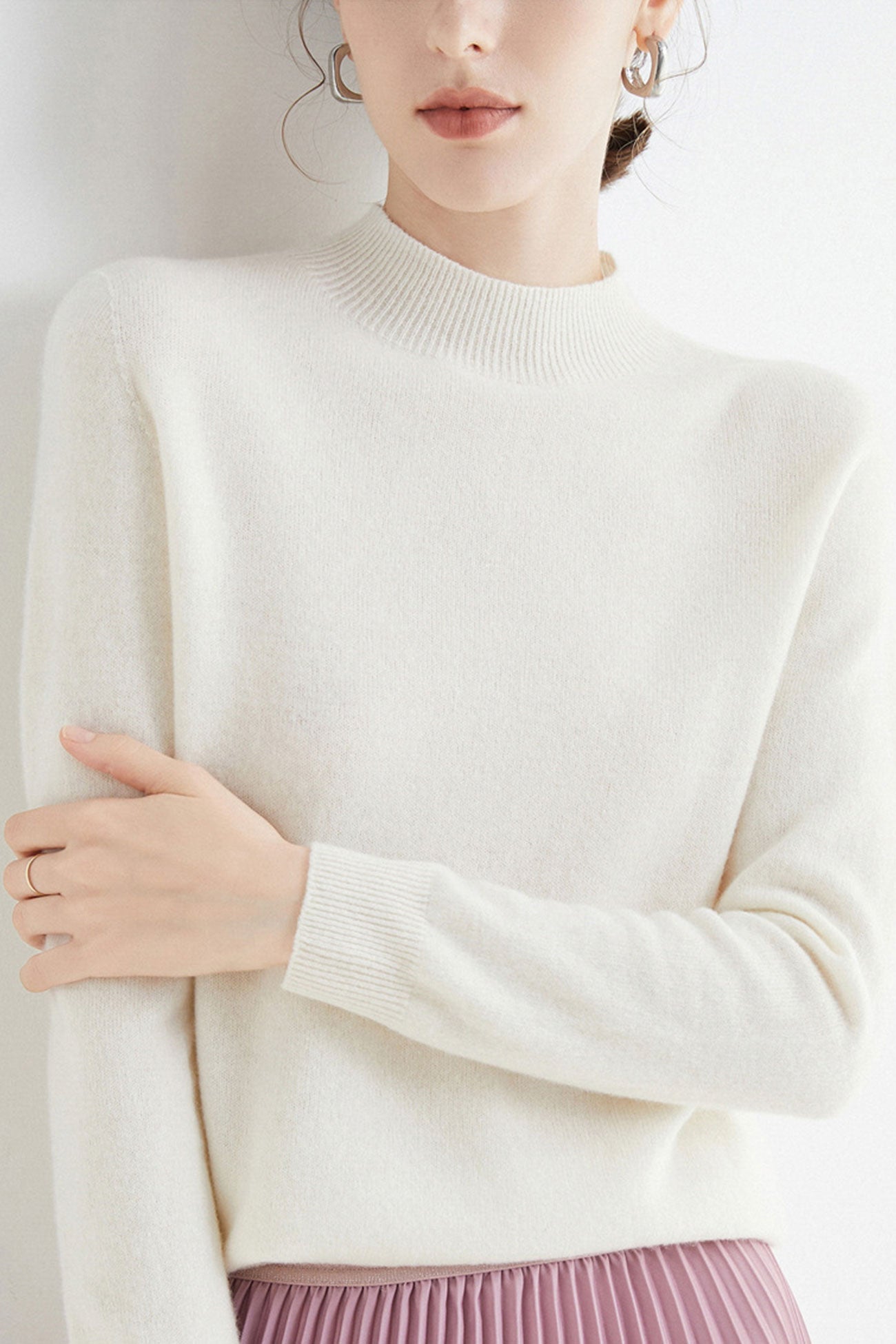 Mock Neck Solid Color Wool Sweater