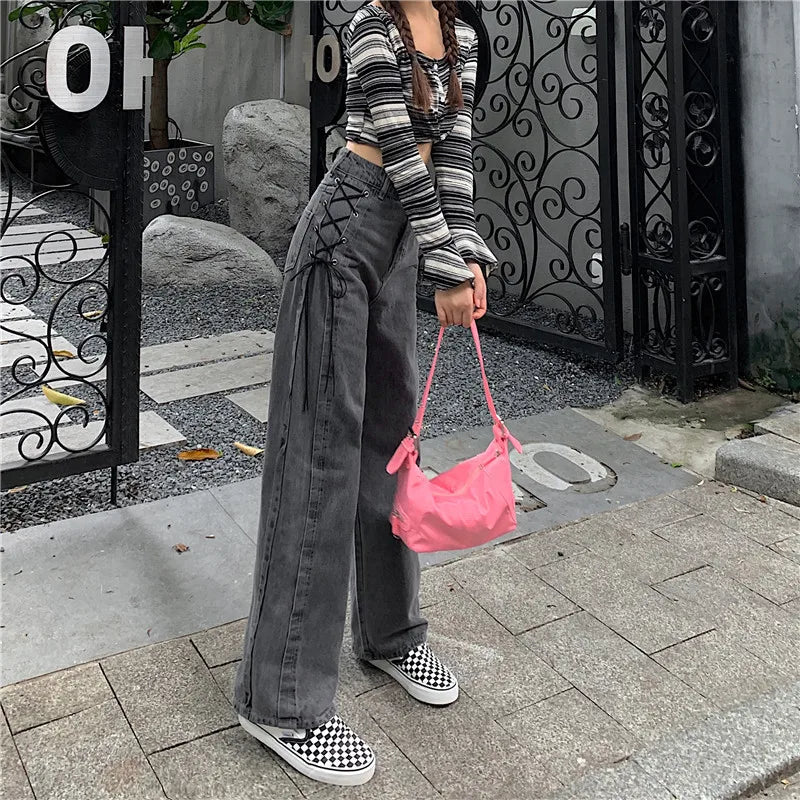 High Waist Side Lace Up Jeans