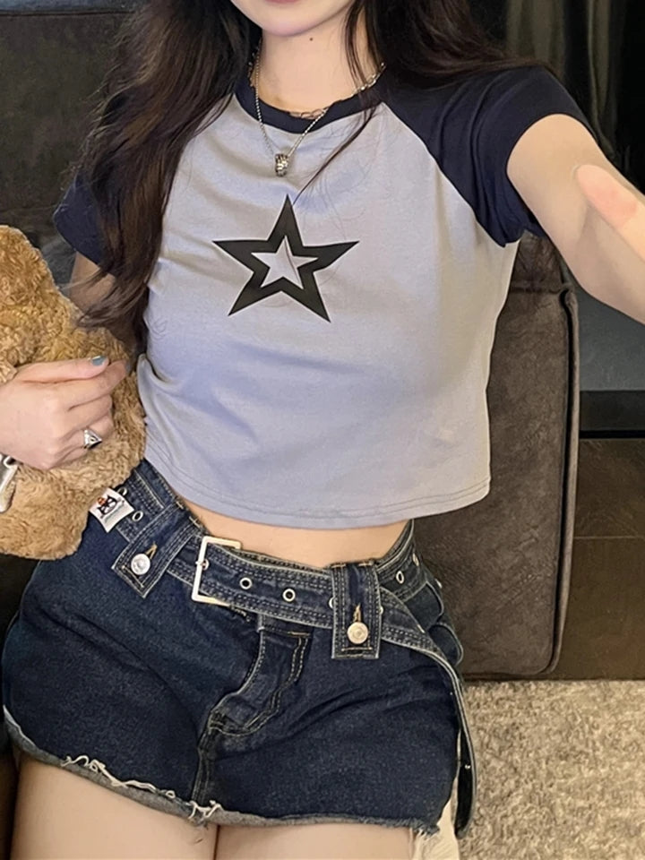 Hollow Star Print Crop T-Shirt