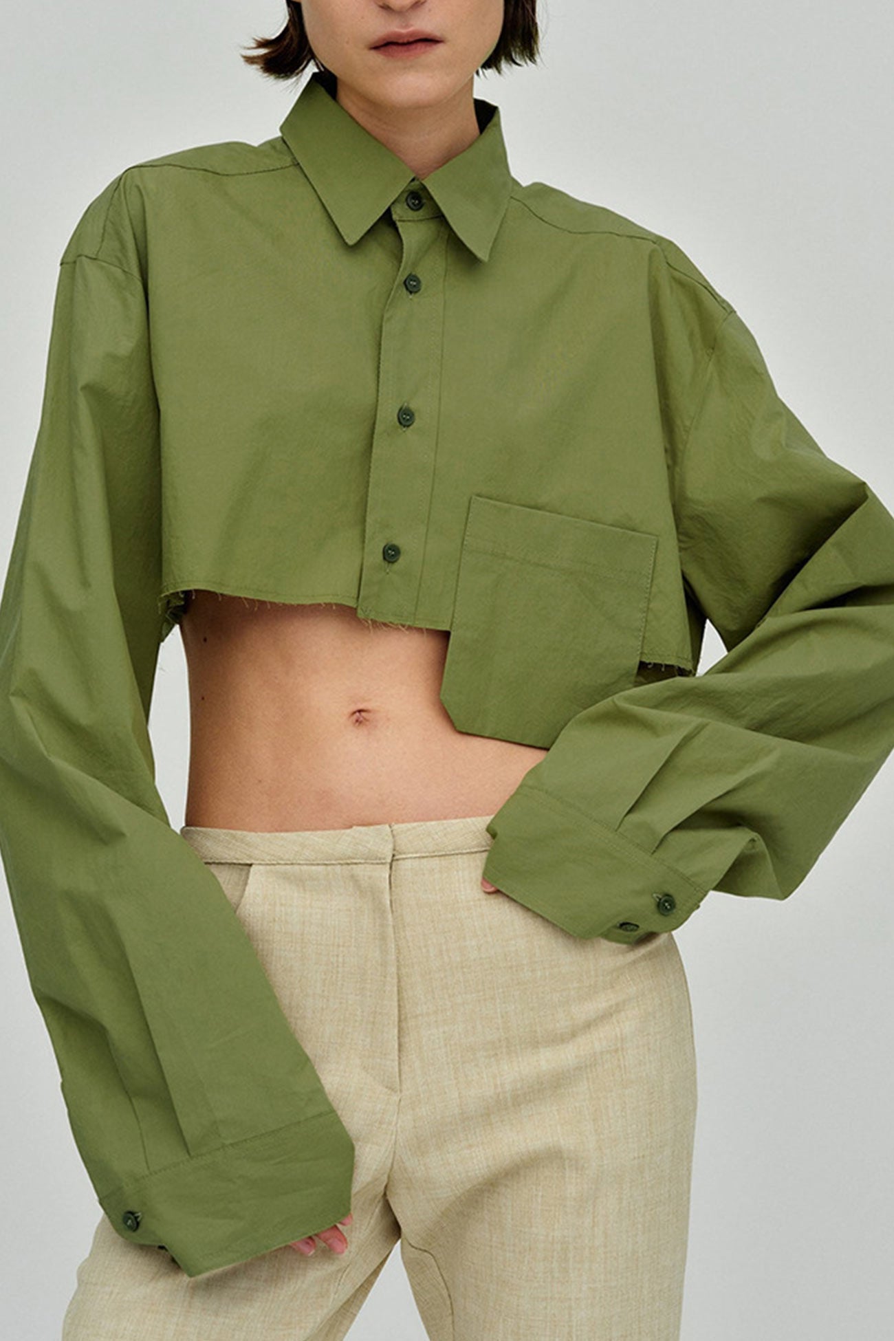 Lapel Patch Pocket Cropped Shirt