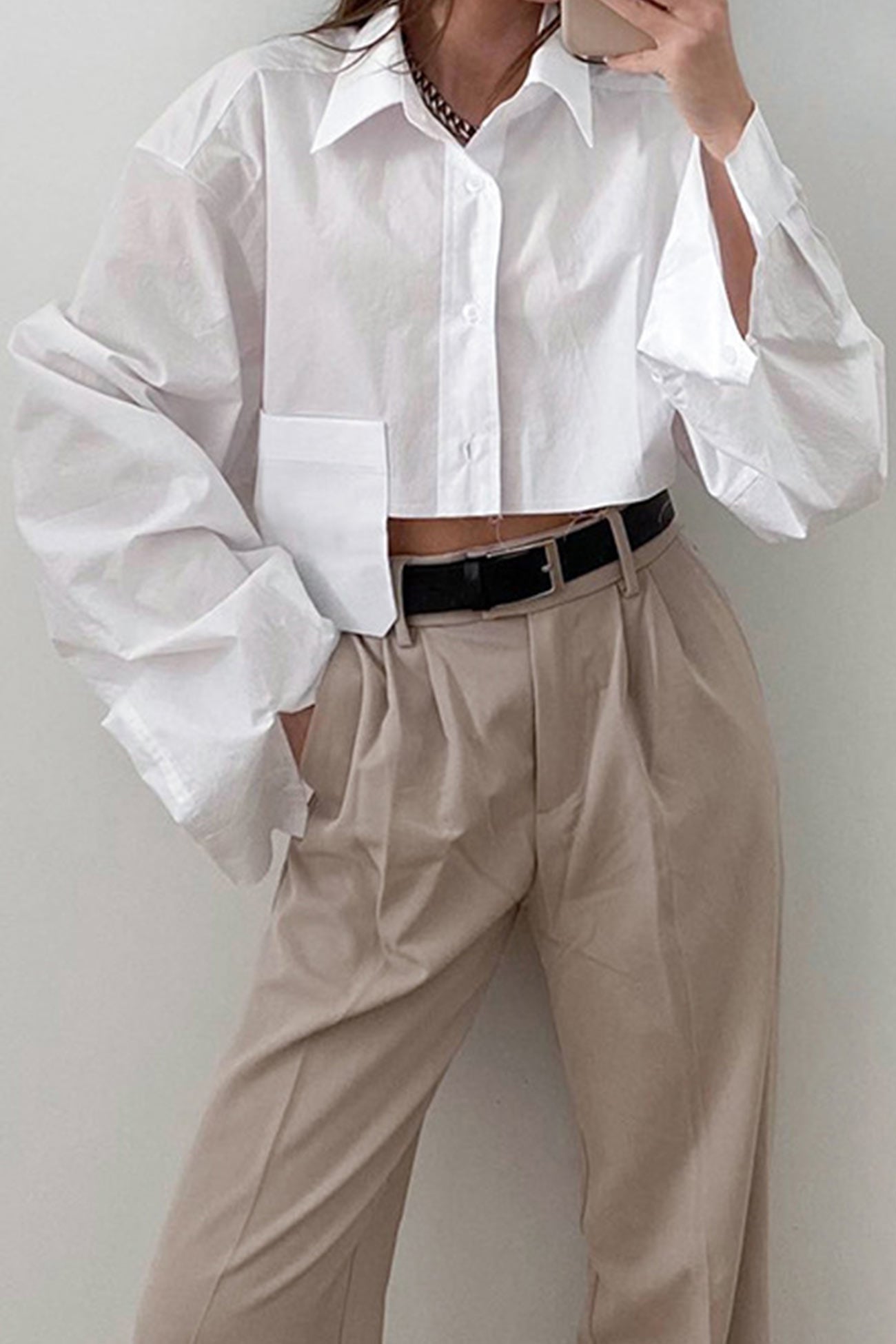 Lapel Patch Pocket Cropped Shirt