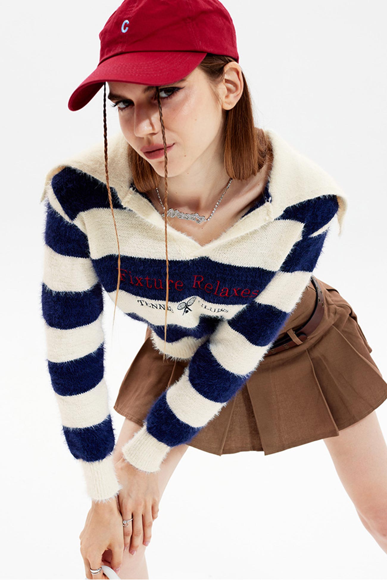 Lapel Striped Patchwork Knitted Sweater