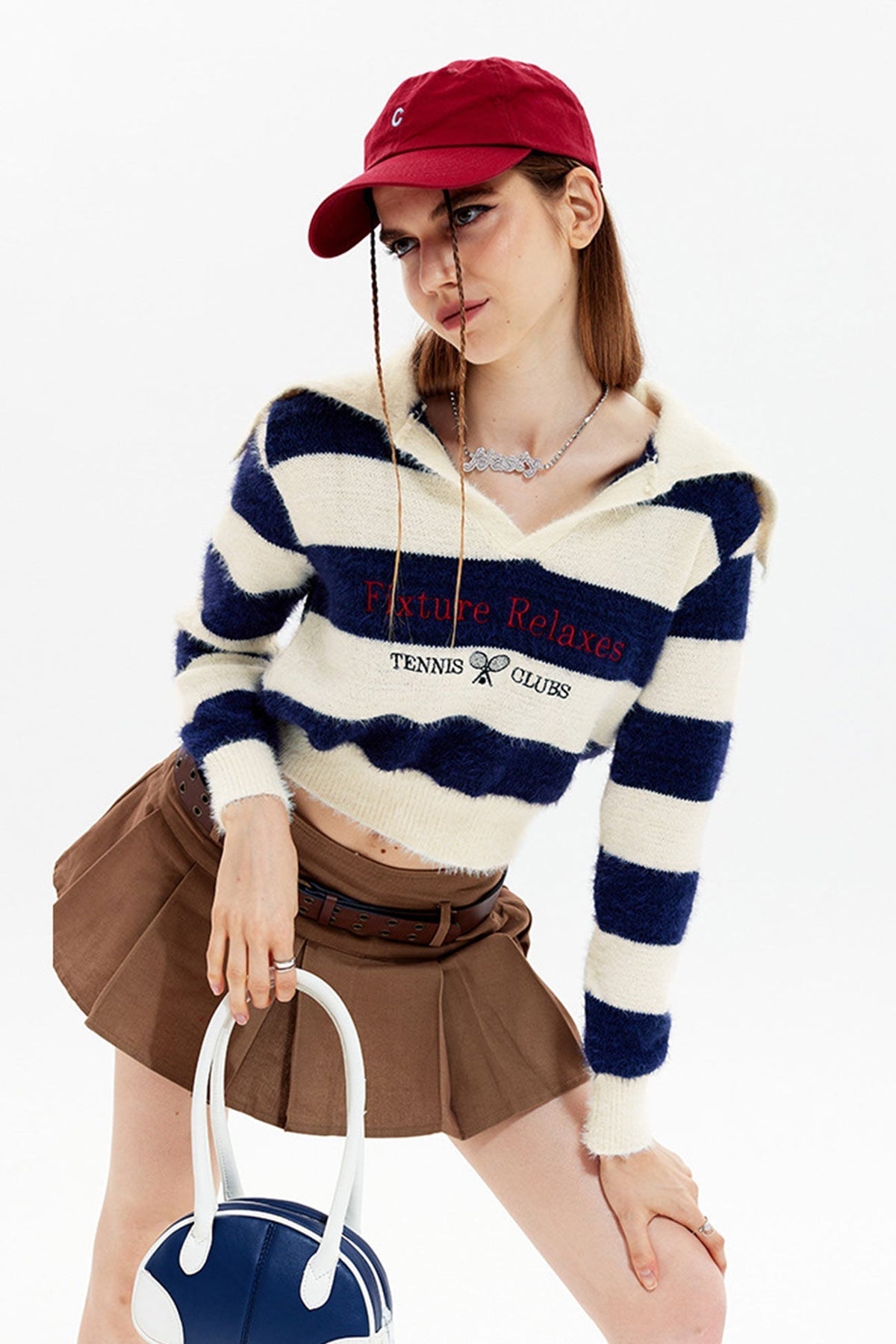 Lapel Striped Patchwork Knitted Sweater