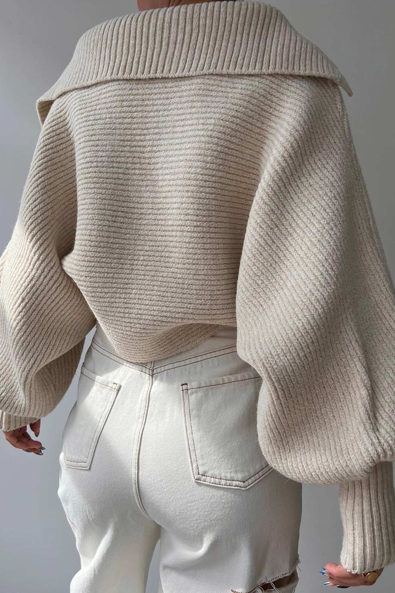 Lapel V Neck Puff Sleeve Sweater