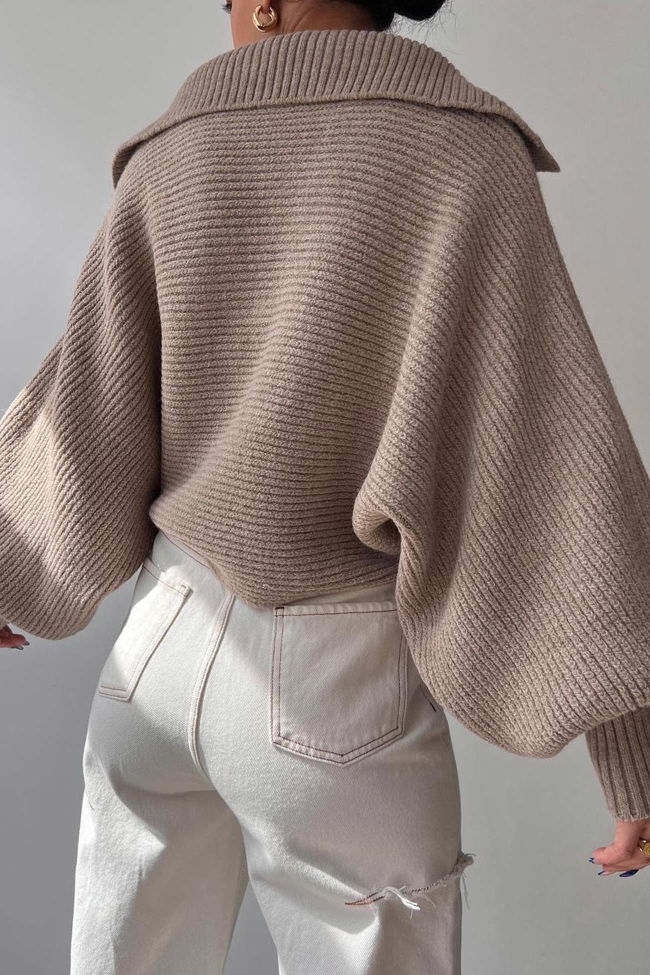 Lapel V Neck Puff Sleeve Sweater