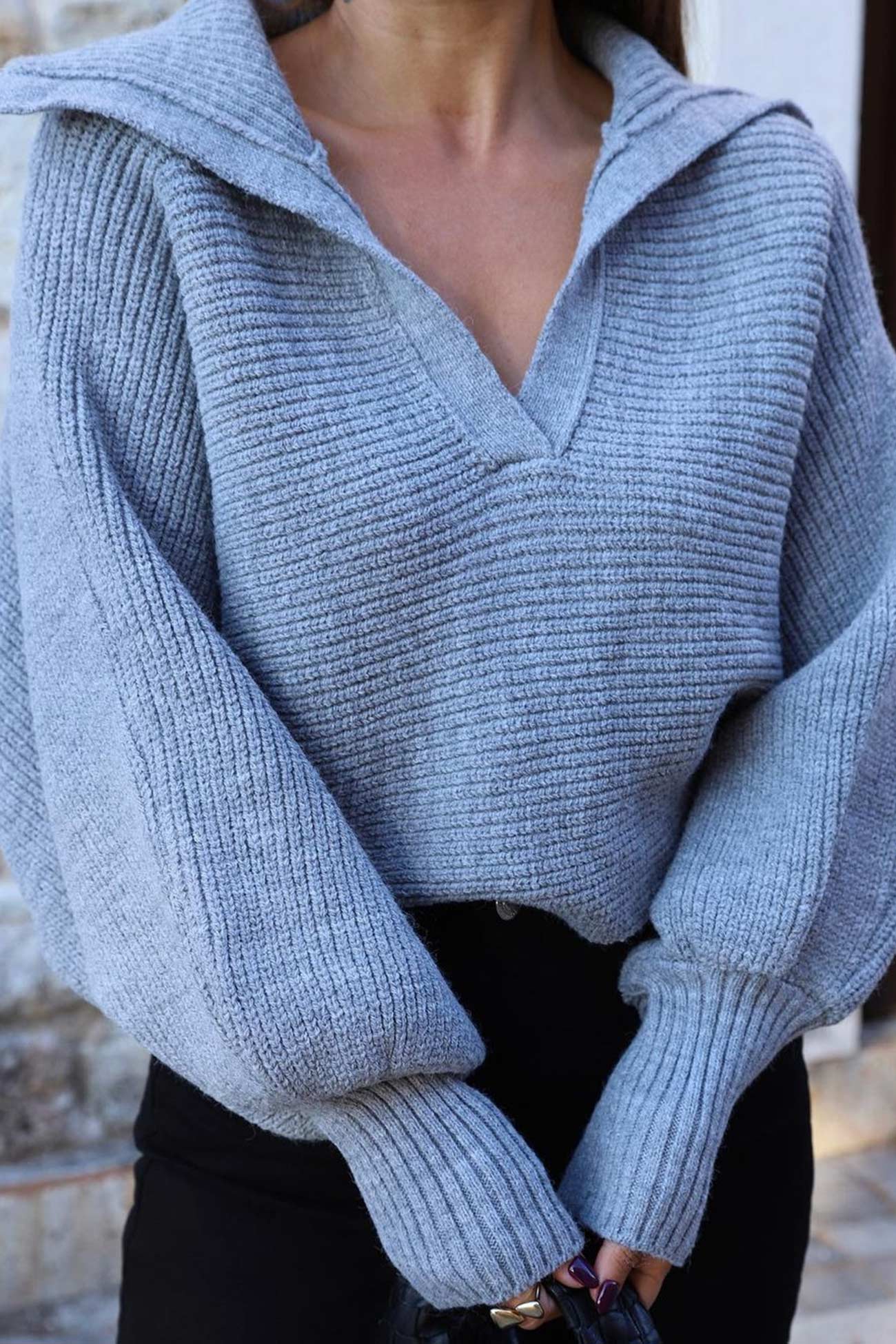 Lapel V Neck Puff Sleeve Sweater