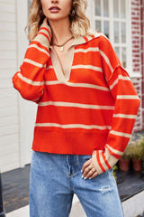 Lapel V-neck Striped Sweater