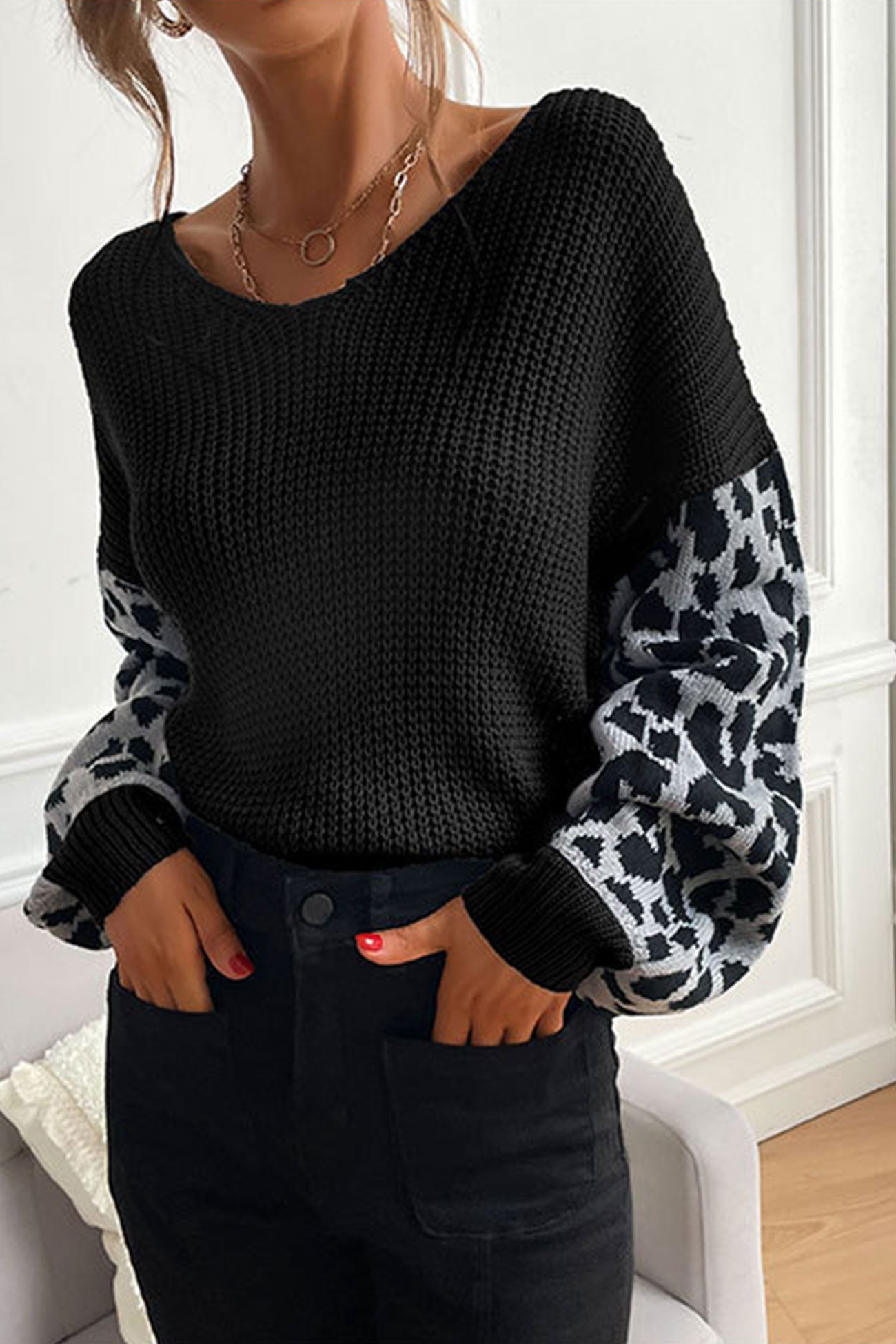 Leopard Print Patchwork Pullover Sweater