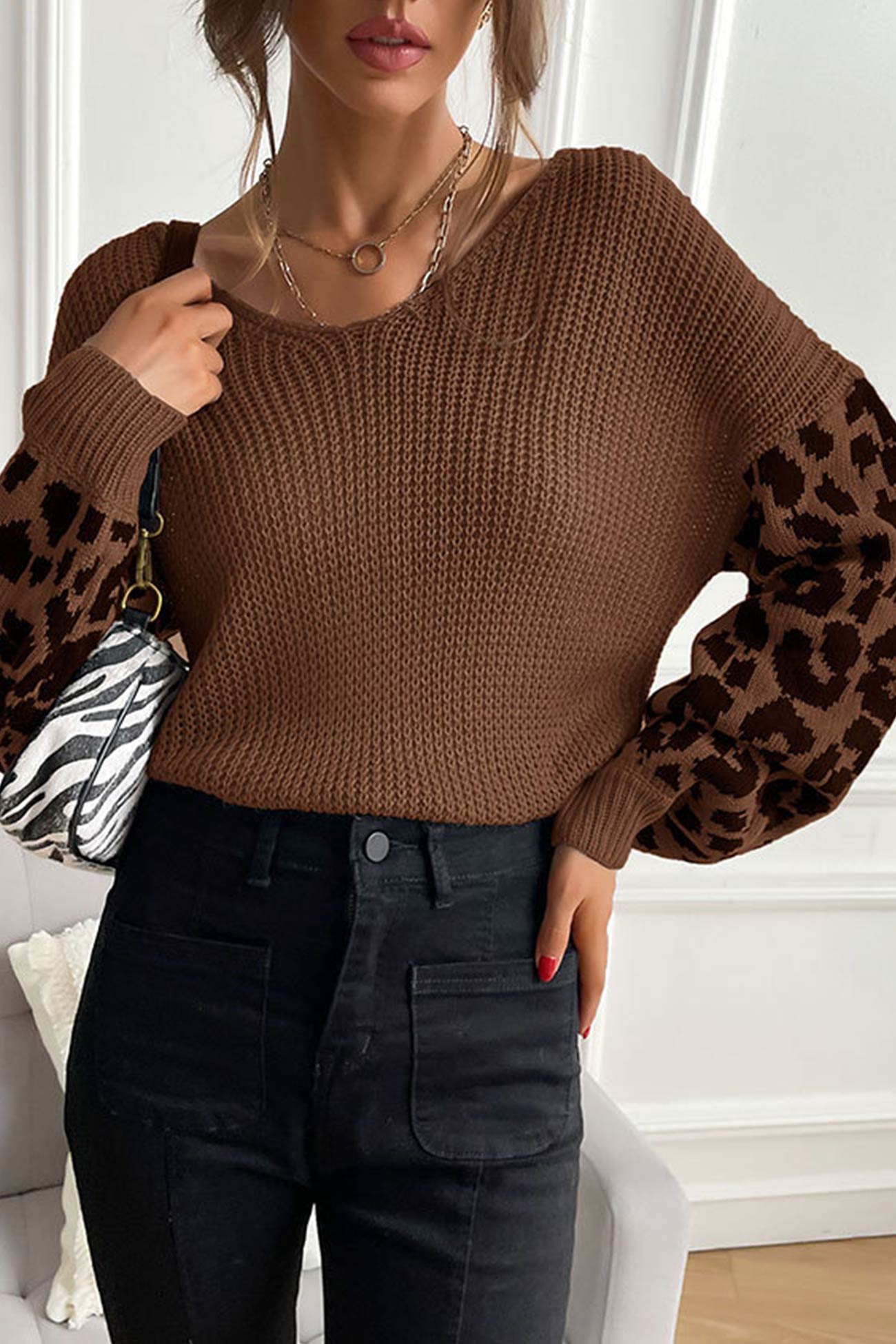 Leopard Print Patchwork Pullover Sweater