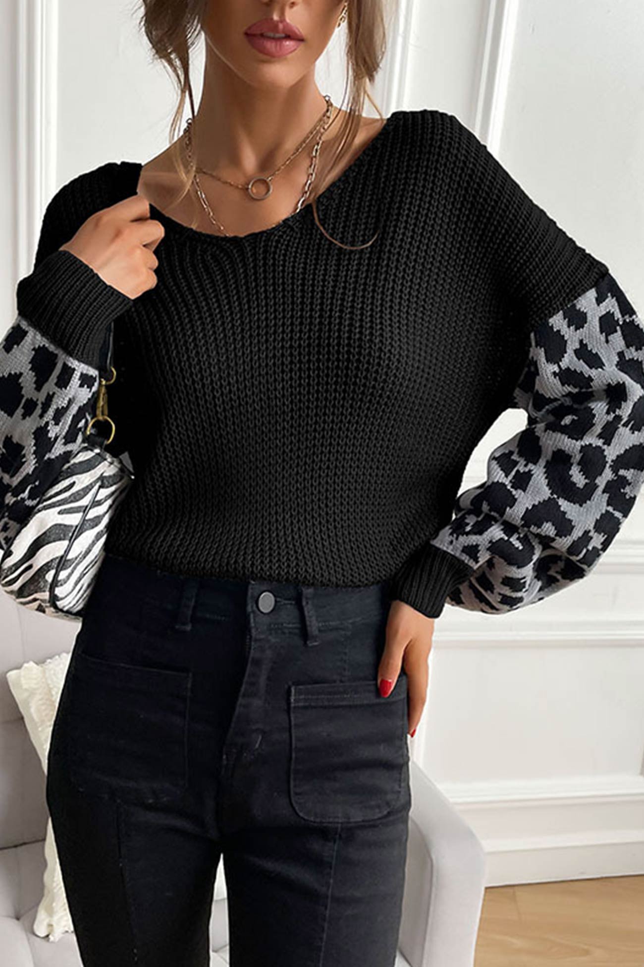 Leopard Print Patchwork Pullover Sweater