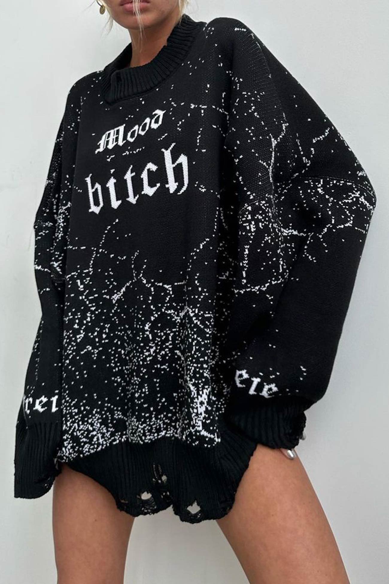 Letter Embroidery Distressed Pullover Sweater