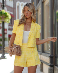 Limon Short Sleeve Cropped Tweed Blazer - Yellow