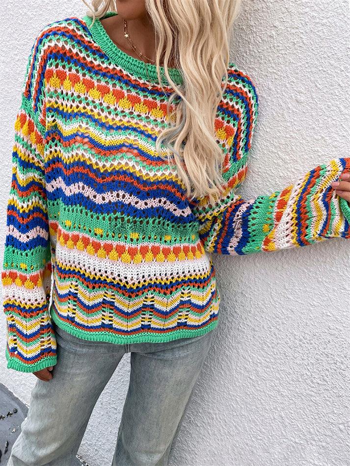 Rainbow Stripe Crochet Knit Sweater - HouseofHalley