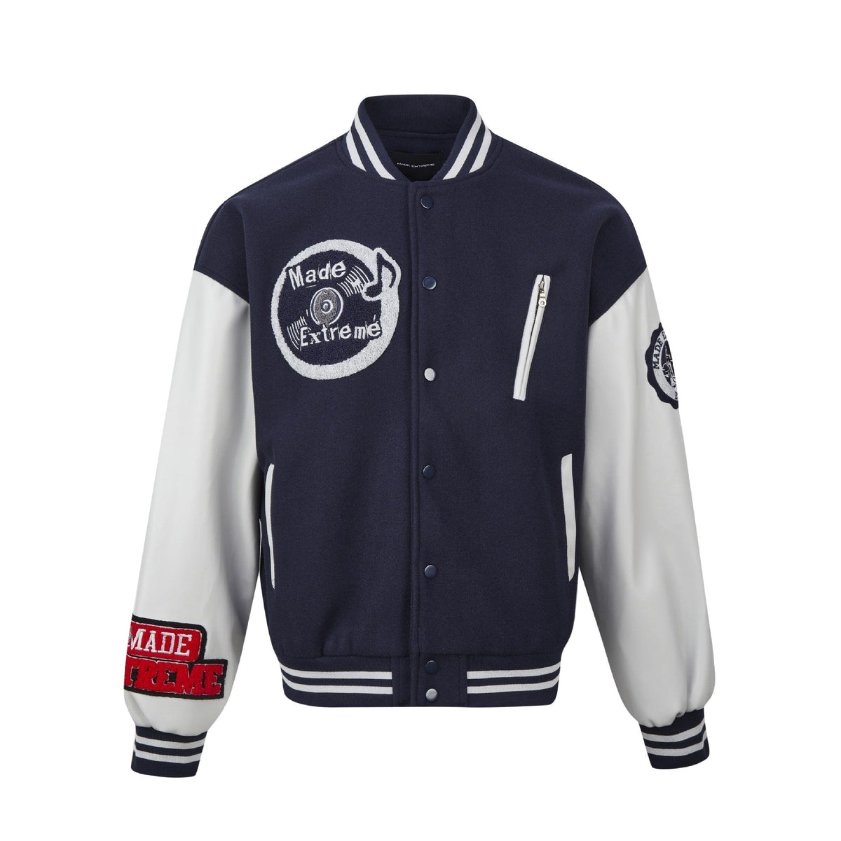 Music Label Leather Sleeve Baseball Jacket
