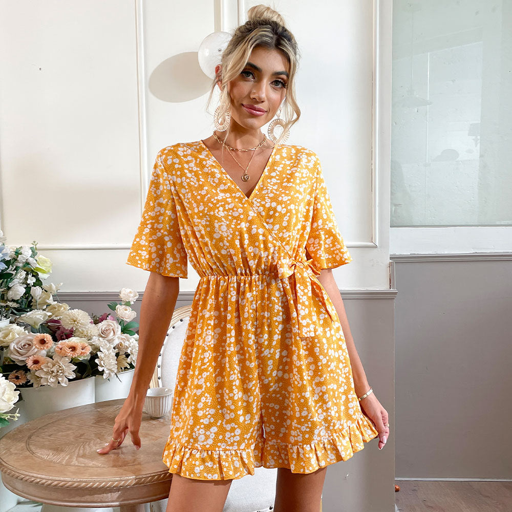 Yellow Floral Front Knot Romper