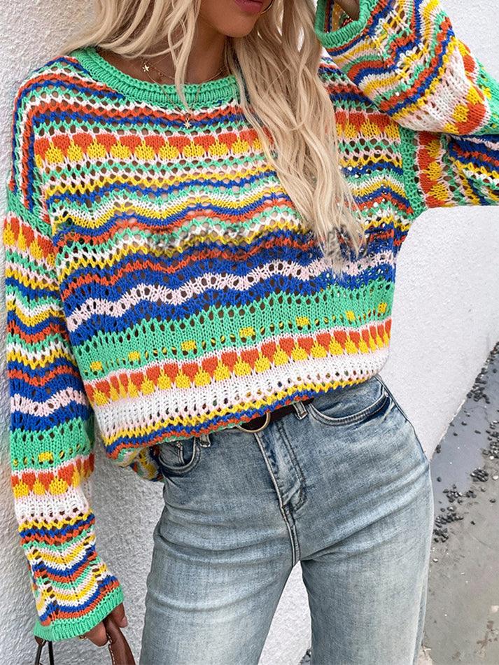 Rainbow Stripe Crochet Knit Sweater - HouseofHalley