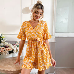 Yellow Floral Front Knot Romper
