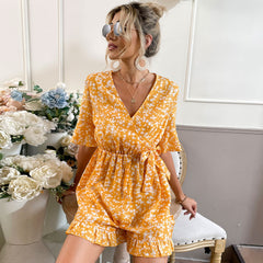 Yellow Floral Front Knot Romper