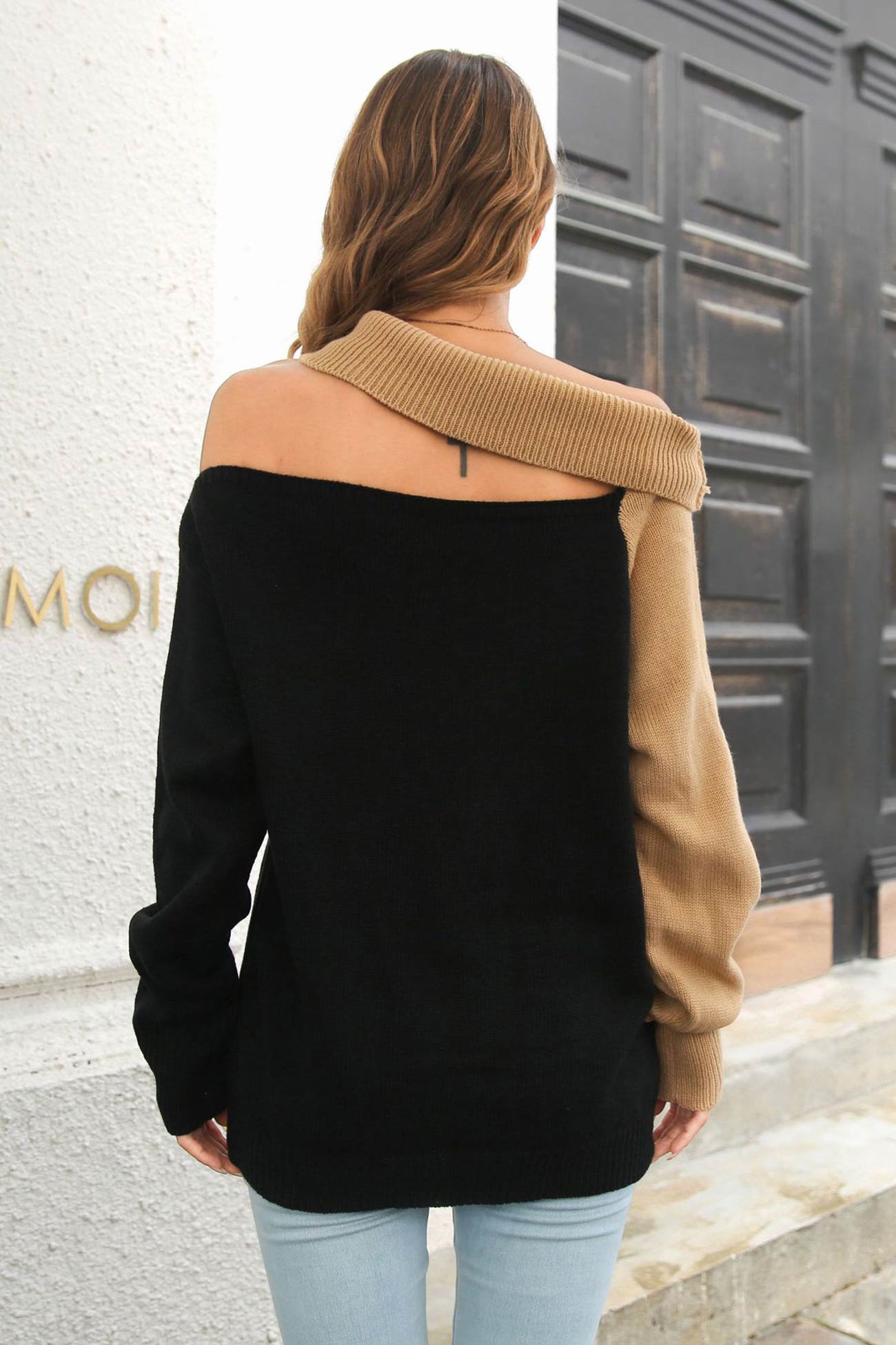 Off Shoulder Contrast Color Sweater