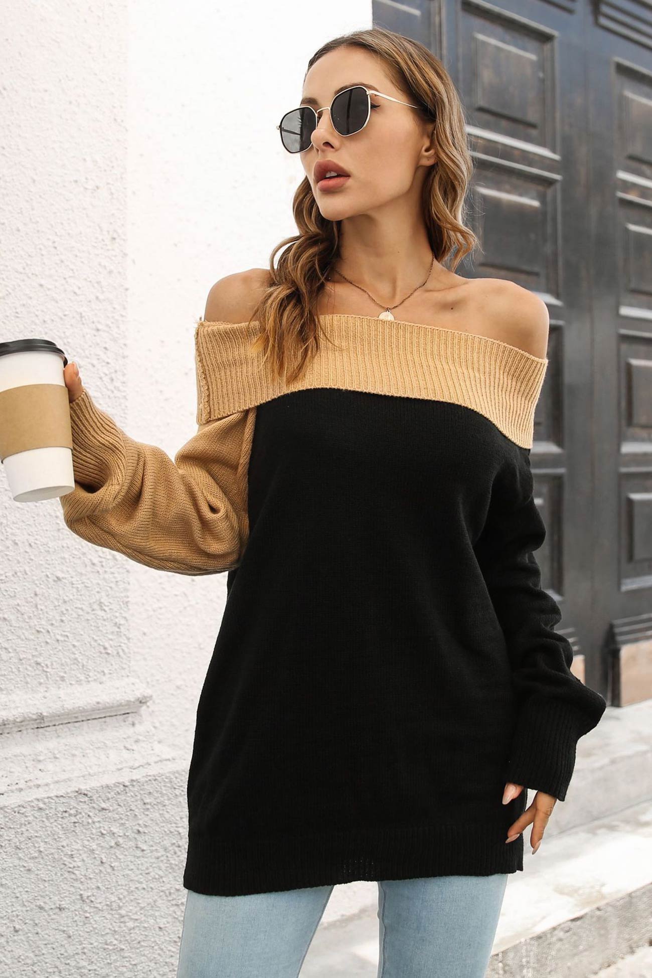 Off Shoulder Contrast Color Sweater