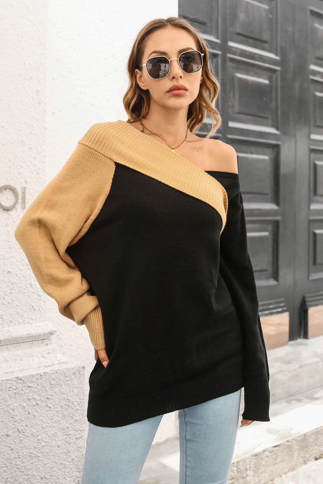 Off Shoulder Contrast Color Sweater