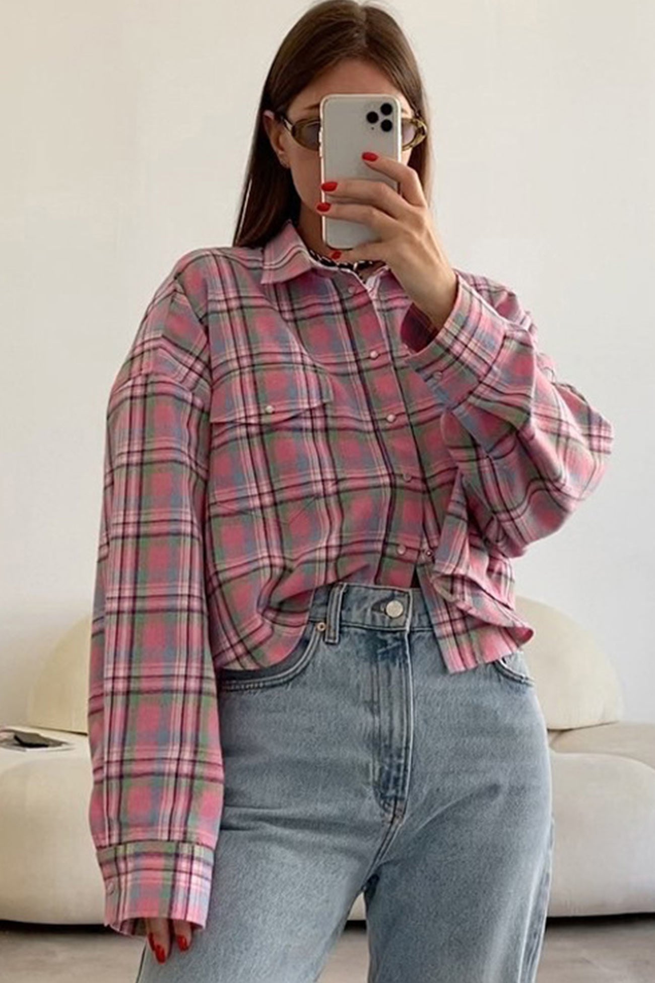 Pink Cotton Plaid Blouse