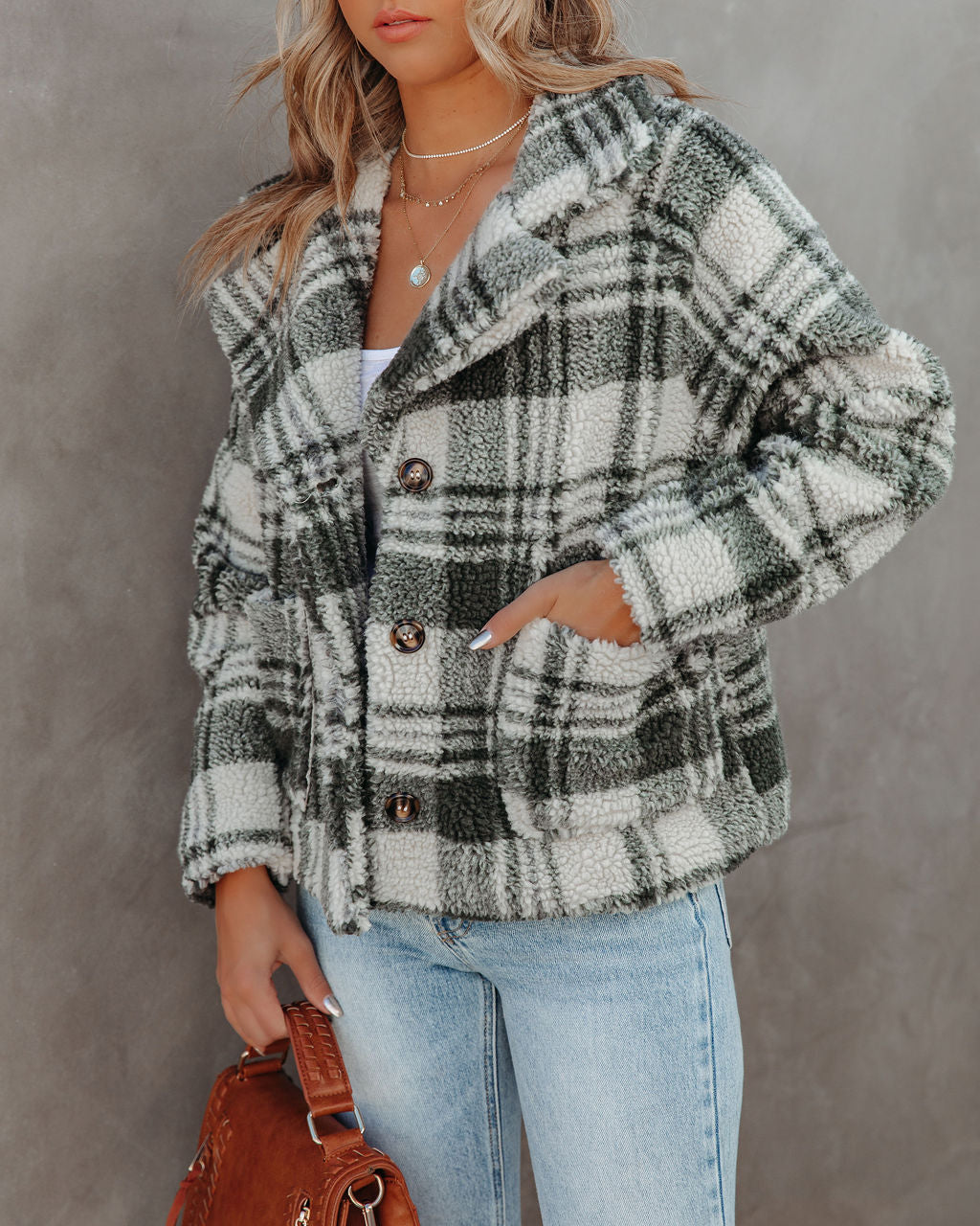 Pinole Pocketed Plaid Teddy Jacket - Grey