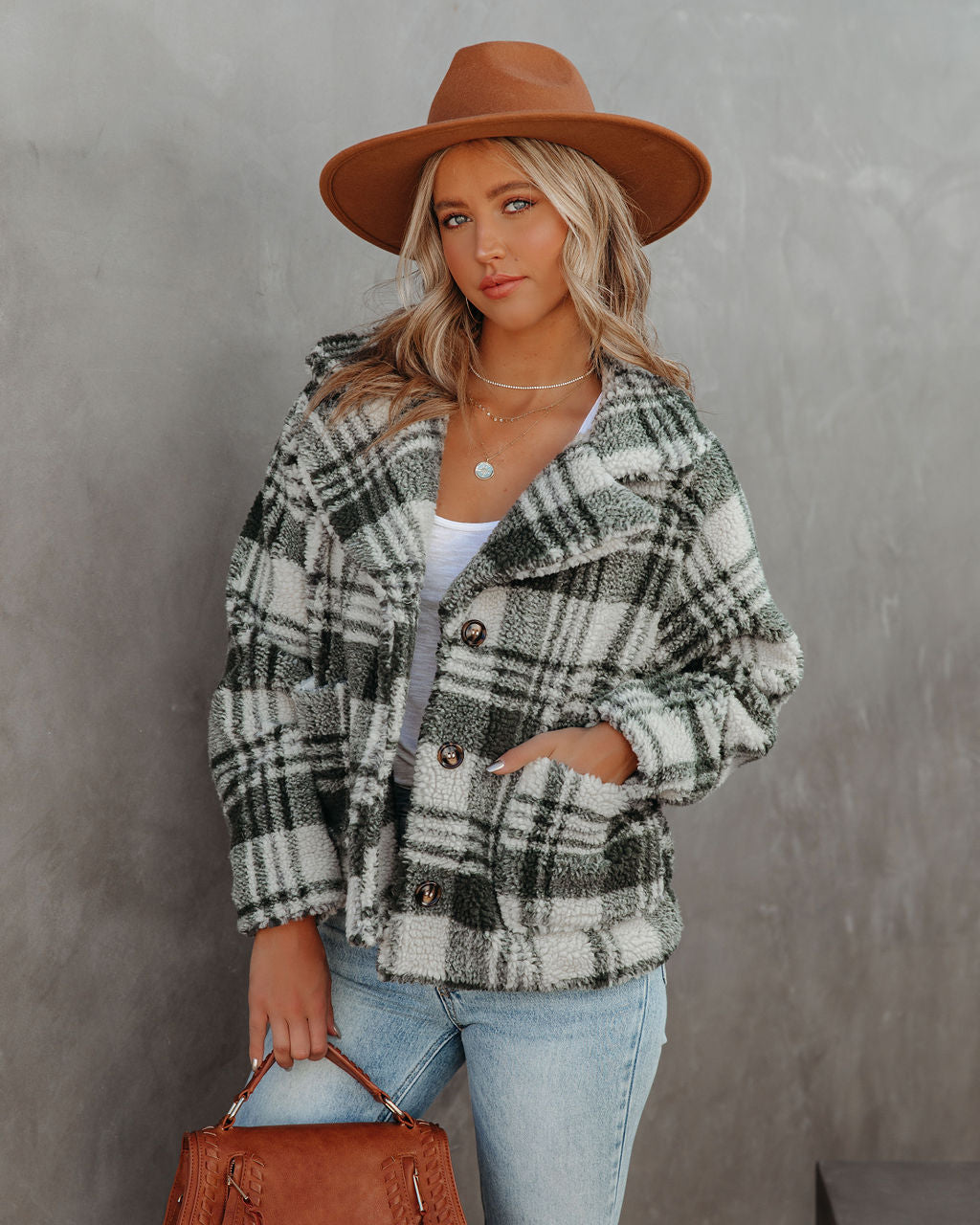 Pinole Pocketed Plaid Teddy Jacket - Grey