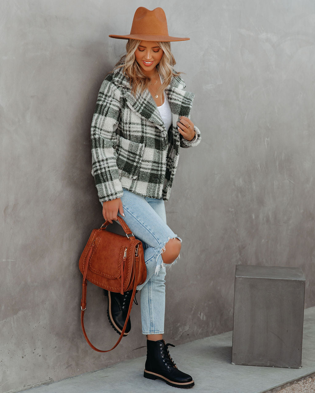 Pinole Pocketed Plaid Teddy Jacket - Grey