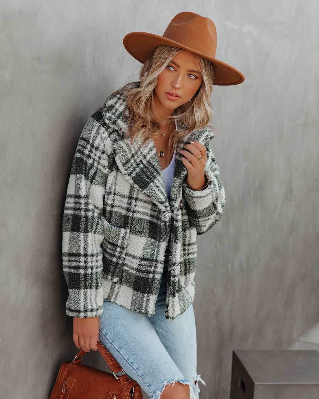 Pinole Pocketed Plaid Teddy Jacket - Grey