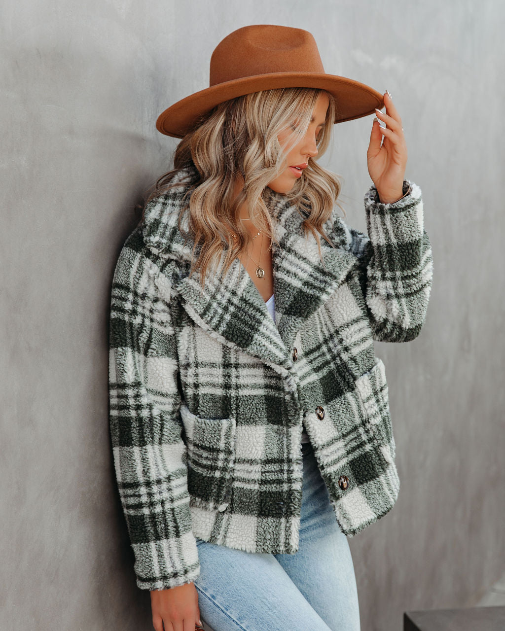 Pinole Pocketed Plaid Teddy Jacket - Grey