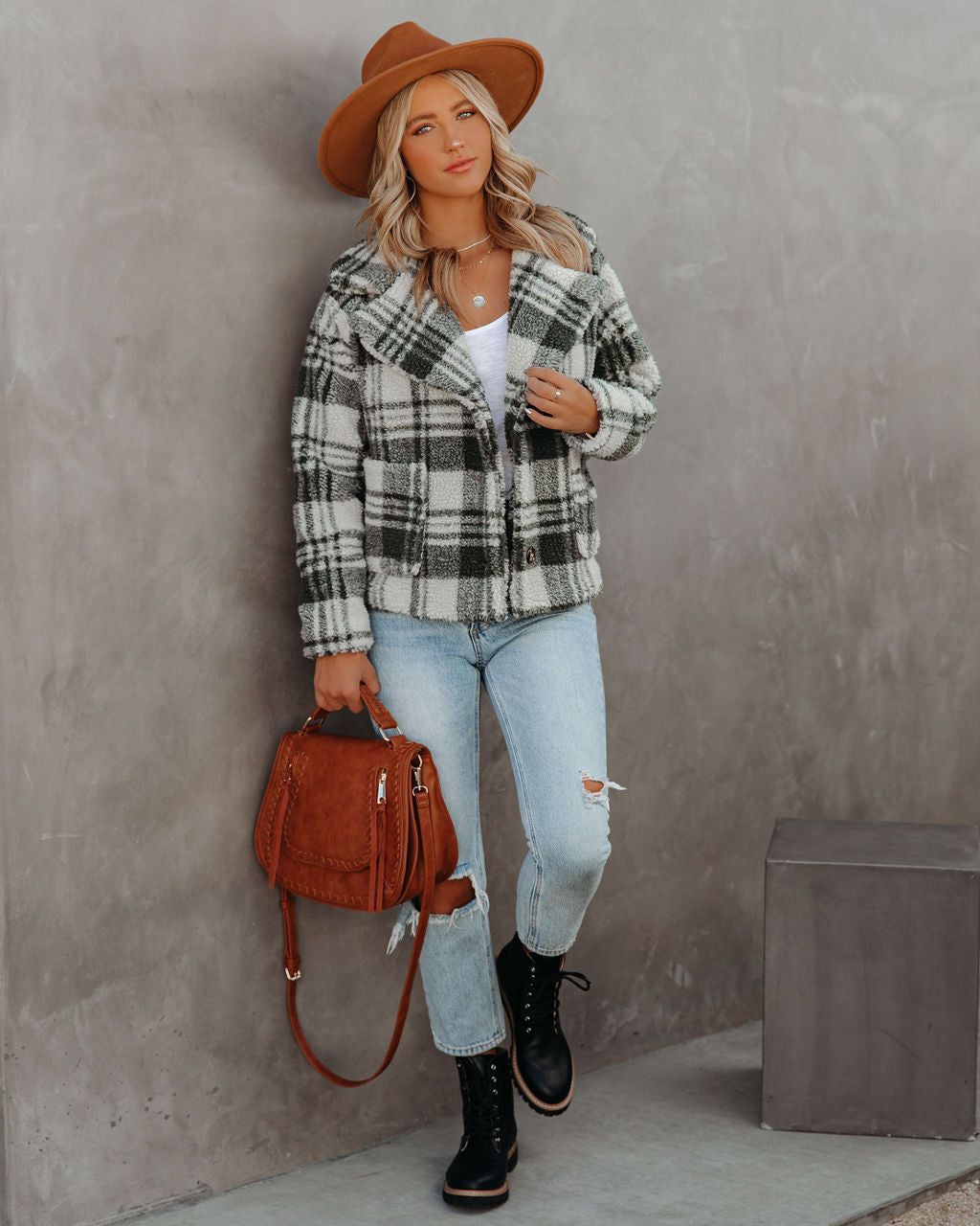 Pinole Pocketed Plaid Teddy Jacket - Grey