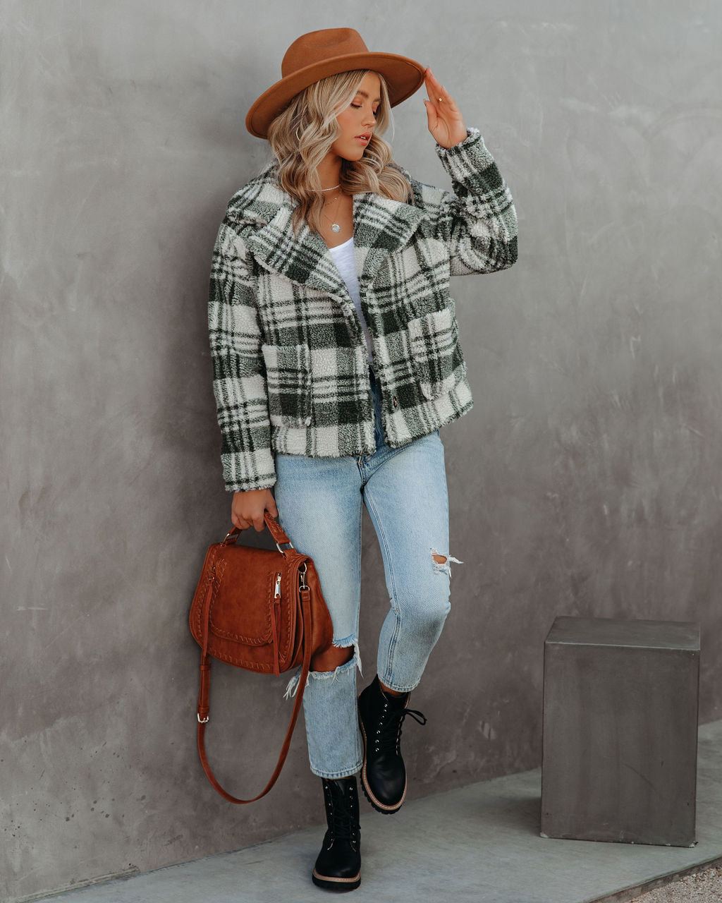 Pinole Pocketed Plaid Teddy Jacket - Grey