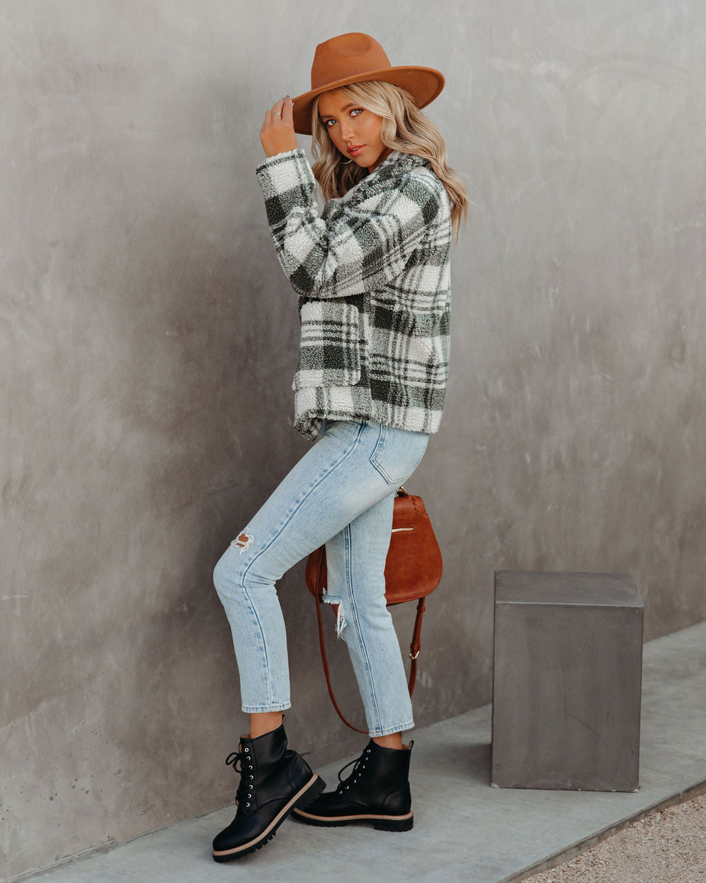 Pinole Pocketed Plaid Teddy Jacket - Grey