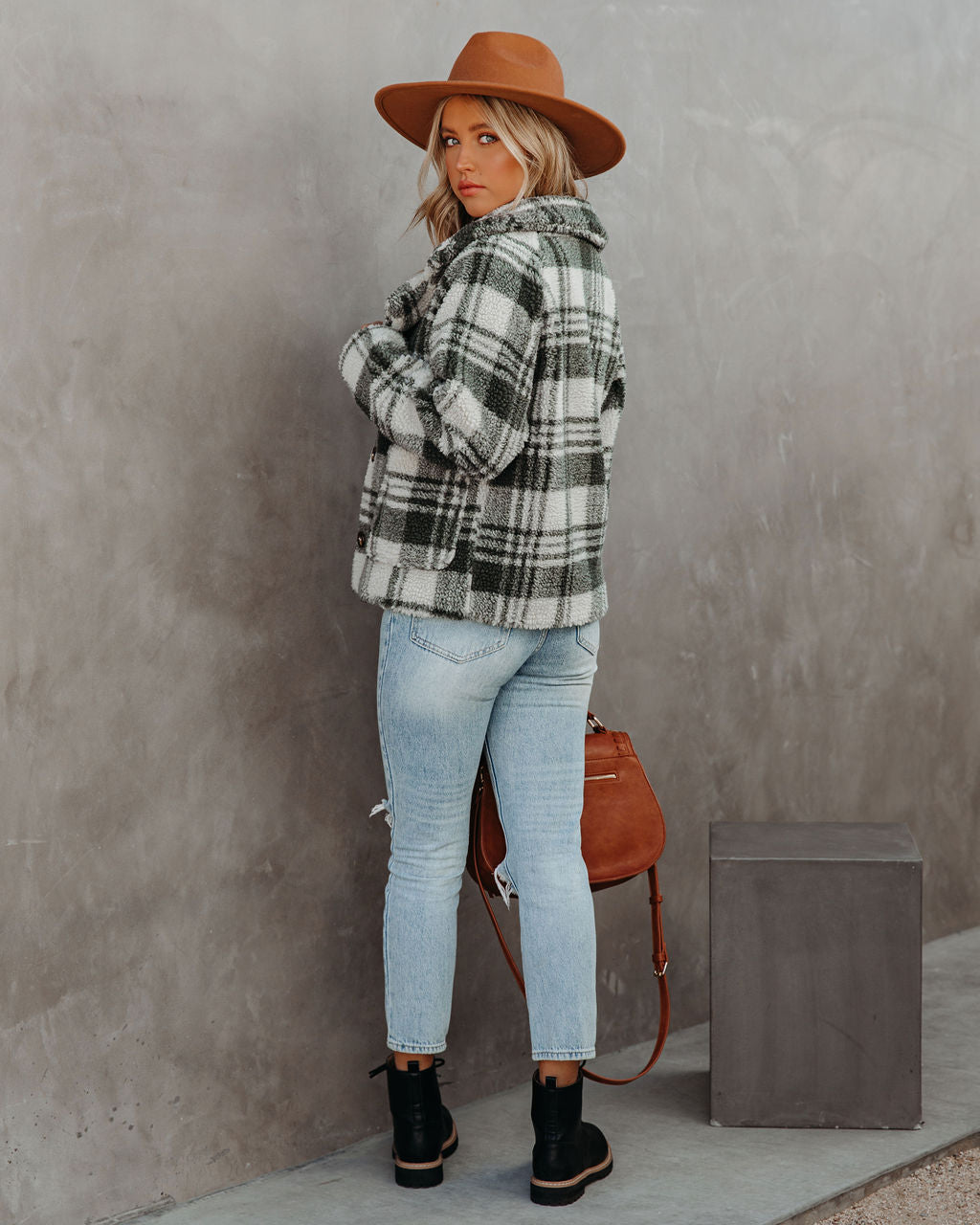 Pinole Pocketed Plaid Teddy Jacket - Grey