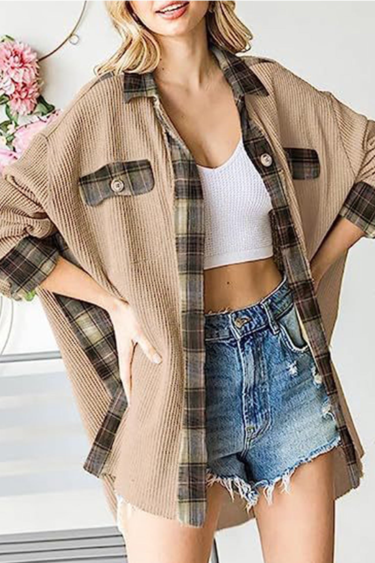 Plaid Patchwork Irregular Hem Blouses