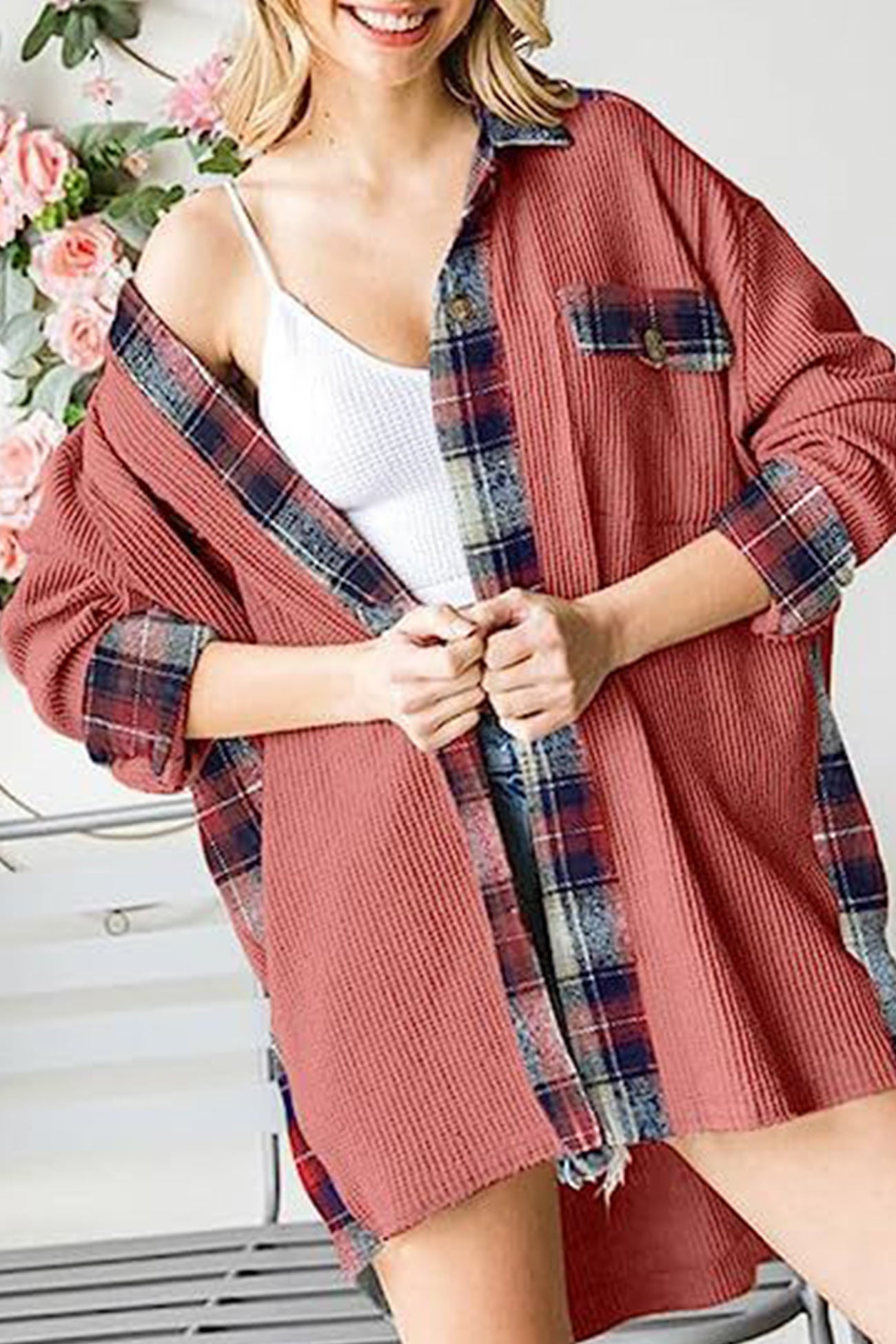 Plaid Patchwork Irregular Hem Blouses