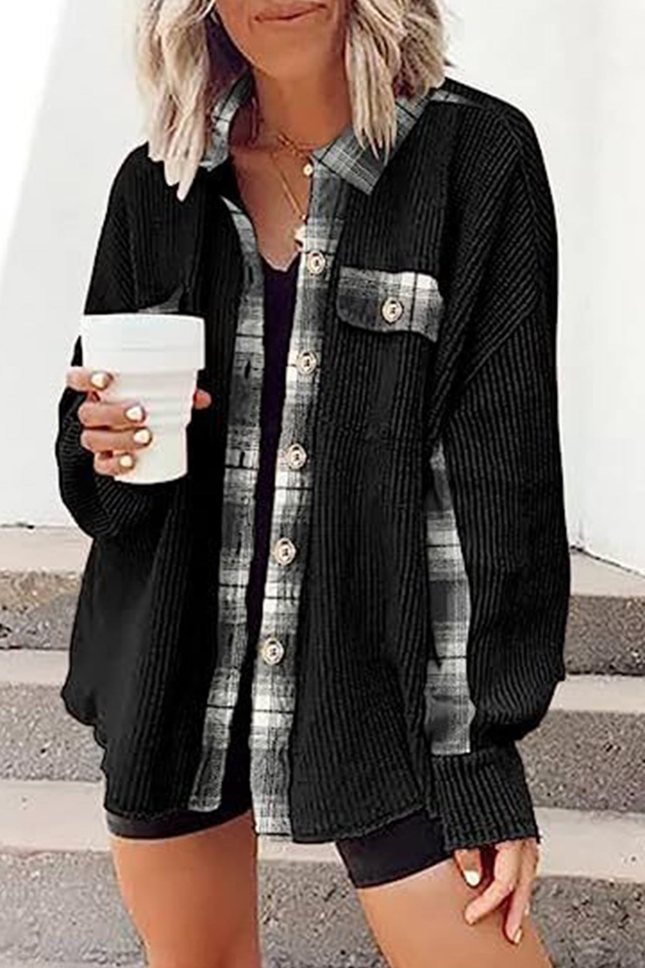 Plaid Patchwork Irregular Hem Blouses