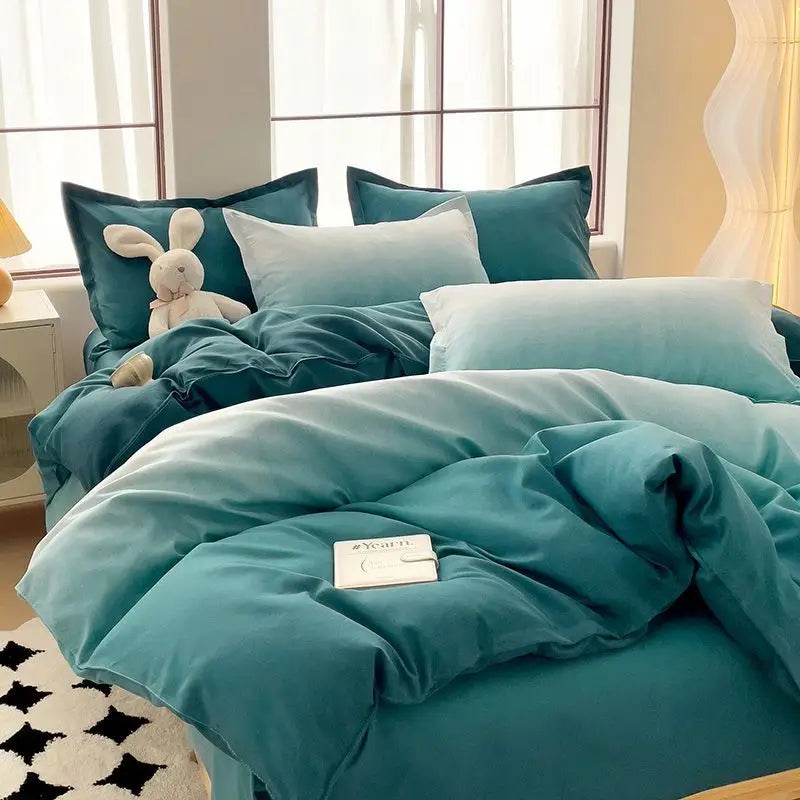 INS Gradient Color Bedding Set Adult Girl Fashion Duvet Cover Soft Washed Cotton Quilt Cover Flat Bed Sheet Pillowcase
