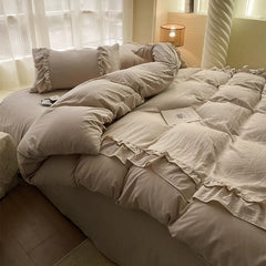 Ins Princess Bedding Set Double Layer Lace Simple Solid Duvet Cover Soft Wash Cotton 4pcs For Girl Spring Home Textiles