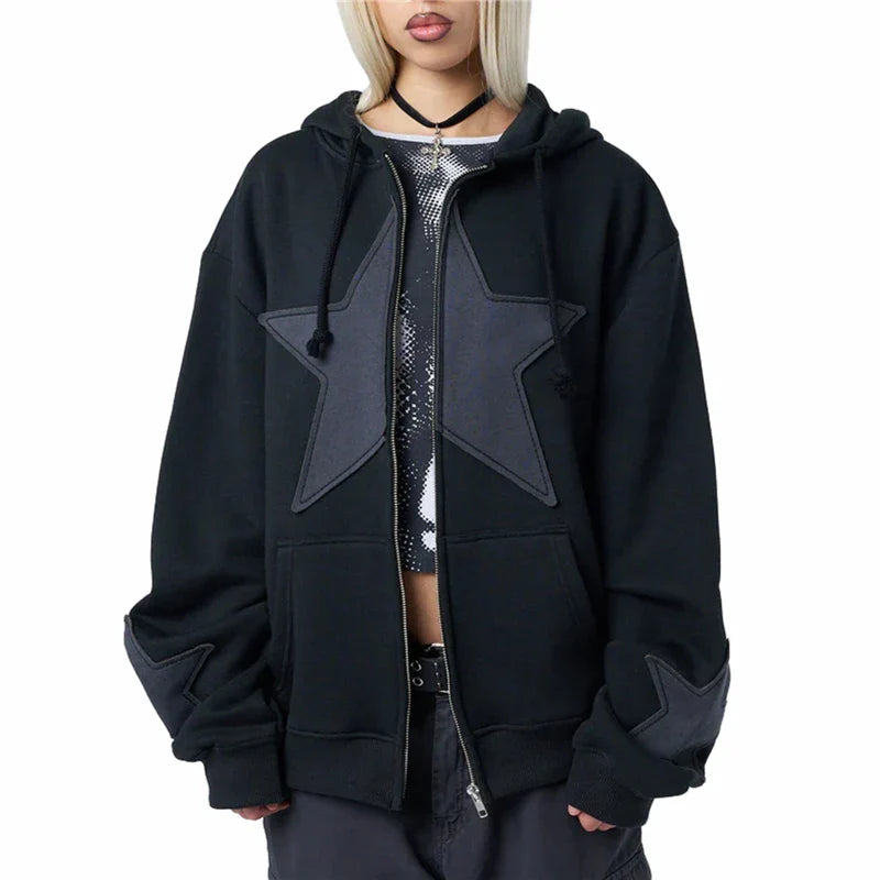 Y2K Star-Patch Zip-Up Hoodie