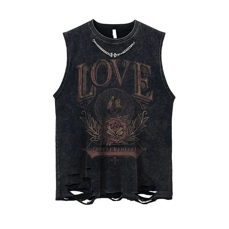 Metal Embellished Rose Washed Distressed Tank Top