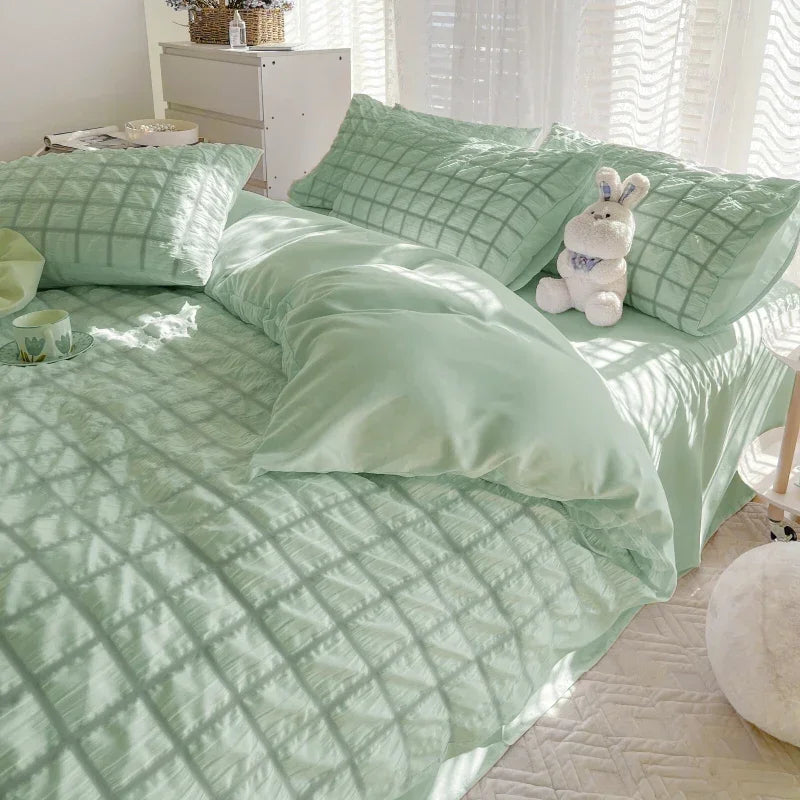 Check Bubble Fabric Bed Set Pucker Duvet Cover Pillowcase Bedding Set Bed Sheet Quilt Cover Single Queen King Size 4 Pieces Sets