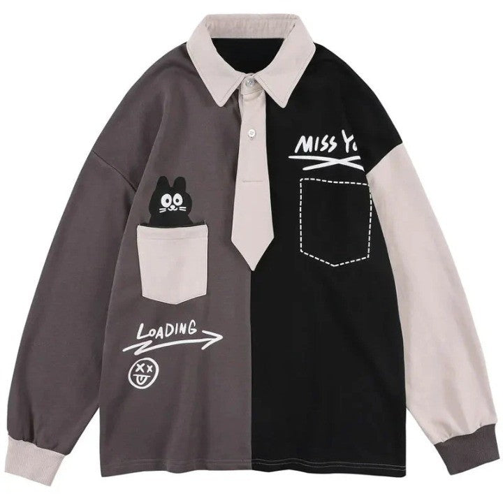 Retro 90s Pocket Cat Graphic Collar Shirt