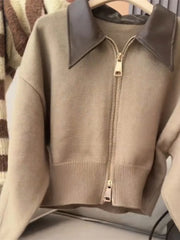 Y2k Spliced Leather Collar Knitted Soft Cardigen