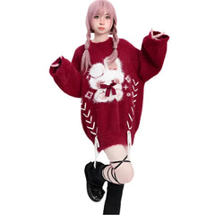 Red Kawaii Knitted Bunny Sweater